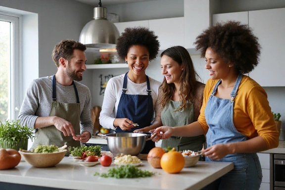 Un grupo de personas sonriendo mientras cocinan juntas en una cocina moderna.