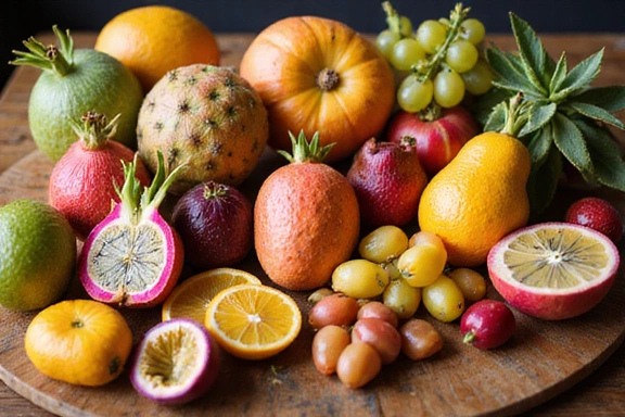 Una mesa llena de frutas exóticas y coloridas, simbolizando una dieta variada.