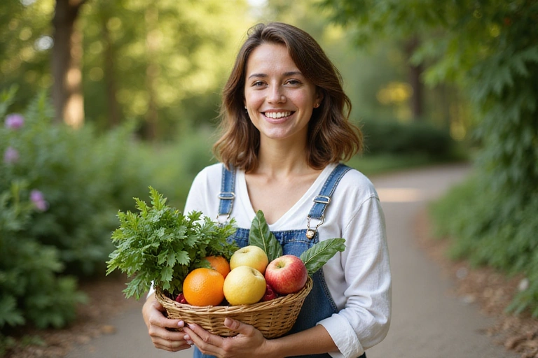 Mujer feliz y saludable sonriendo con frutas y verduras frescas