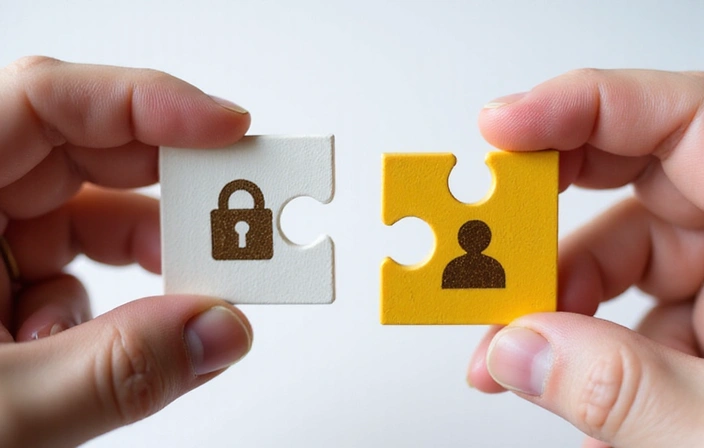 Dos manos uniendo piezas de un rompecabezas, una con un icono de candado y la otra con un icono de persona, simbolizando el consentimiento informado para compartir datos.