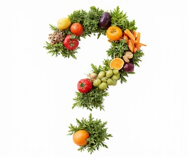Ilustración de un signo de interrogación formado por alimentos saludables y elementos abstractos, simbolizando la resolución de dudas.