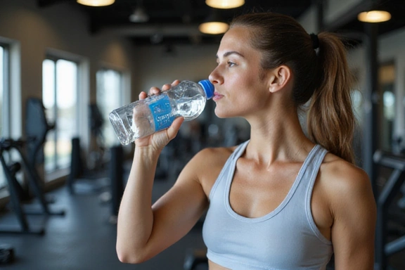 Un atleta hidratándose con una botella de agua después de un entrenamiento intenso, con un fondo borroso de un gimnasio.