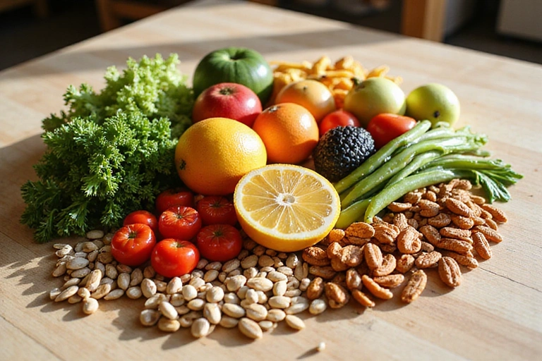 Una variedad de alimentos saludables como frutas frescas, verduras vibrantes, frutos secos y semillas, dispuestos de manera artística sobre una mesa de madera clara con luz natural.